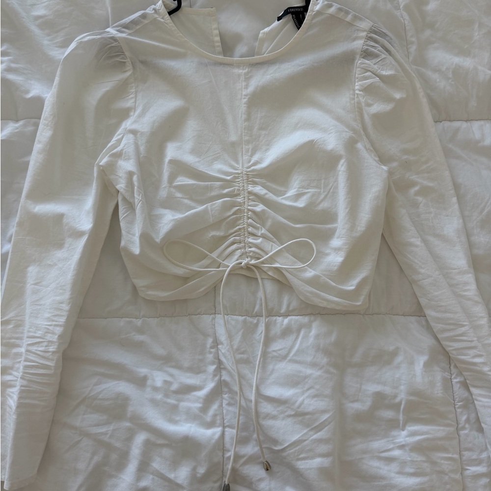Forever 21 White Ruched Long Sleeve Top